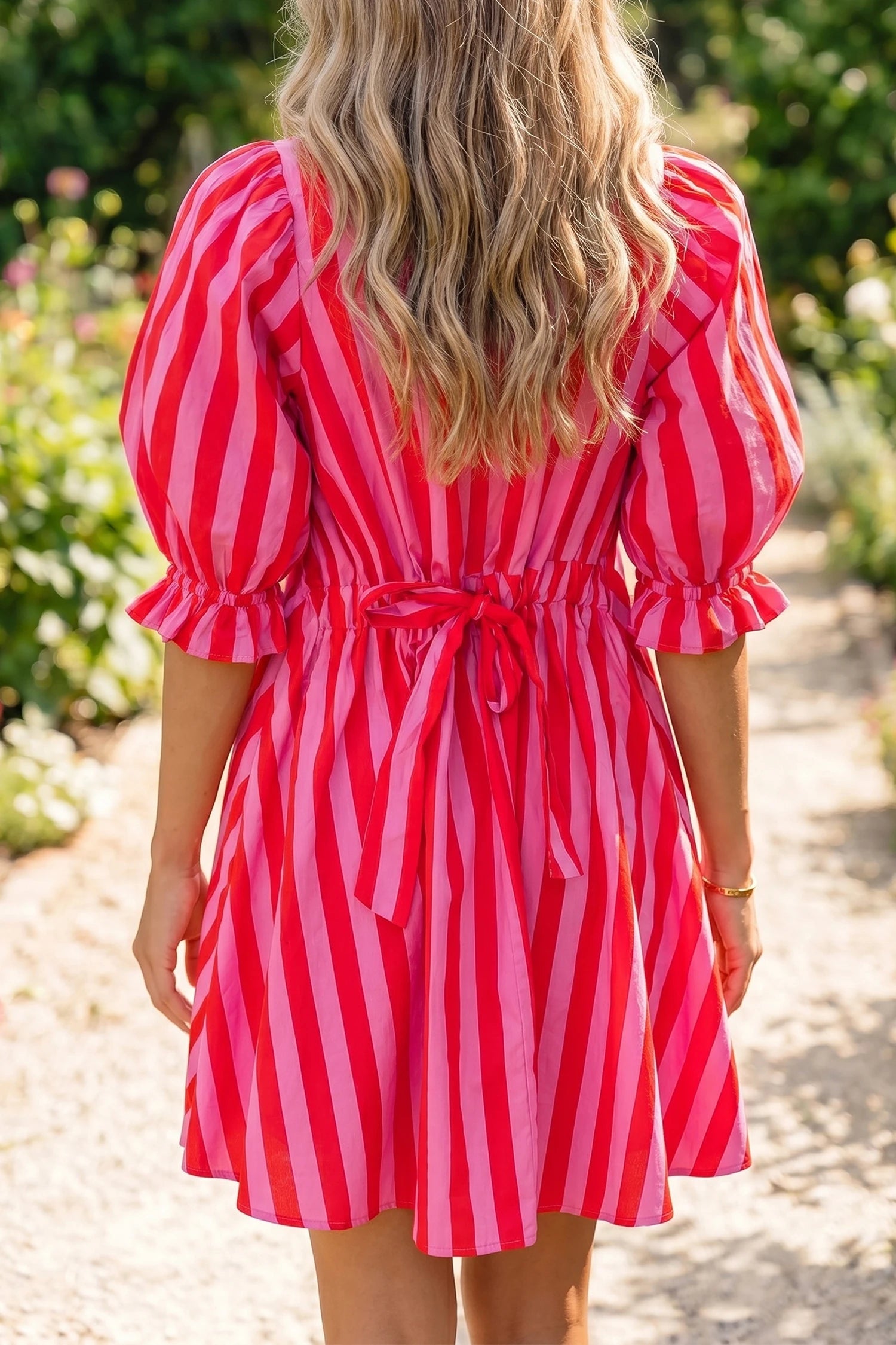 Red Stripe Puff Sleeve Loose Mini Dress