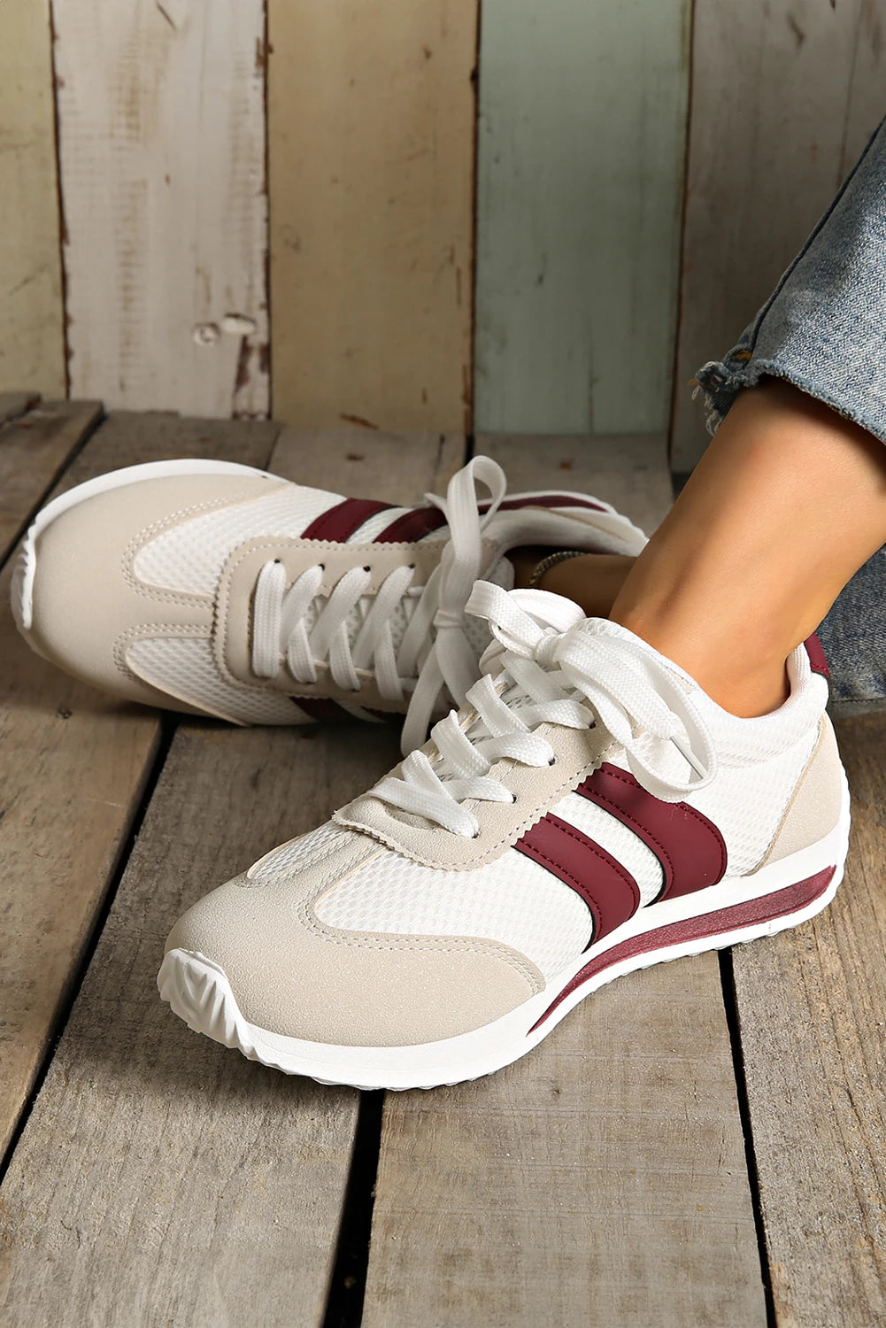 White Color Block Breathable Lace-Up Sneakers