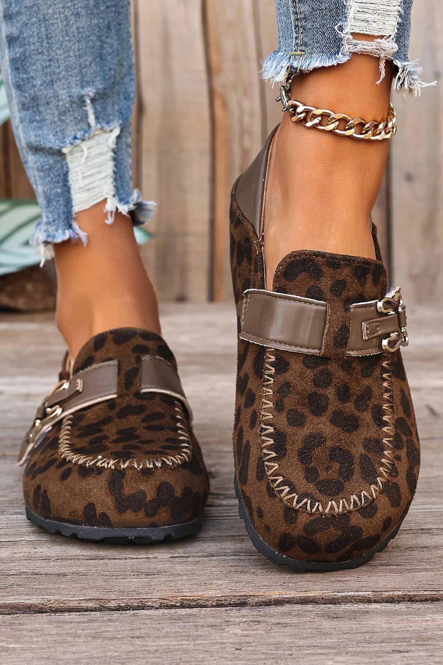 Patchwork Retro Buckle Slip-On - Leopard