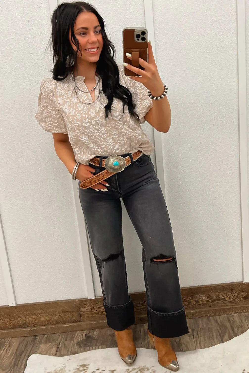 Beige Floral Jacquard Puff Sleeve Blouse