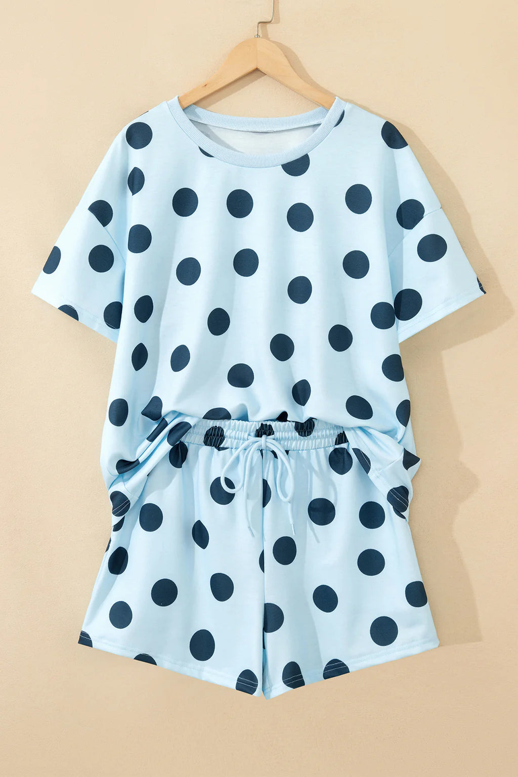 Polka Dot Loose Tee & Drawstring Short Set - Blue