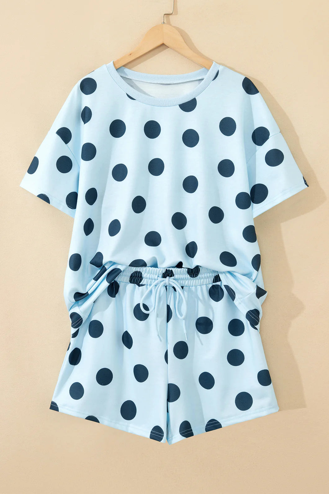 Polka Dot Loose Tee & Drawstring Short Set - Blue