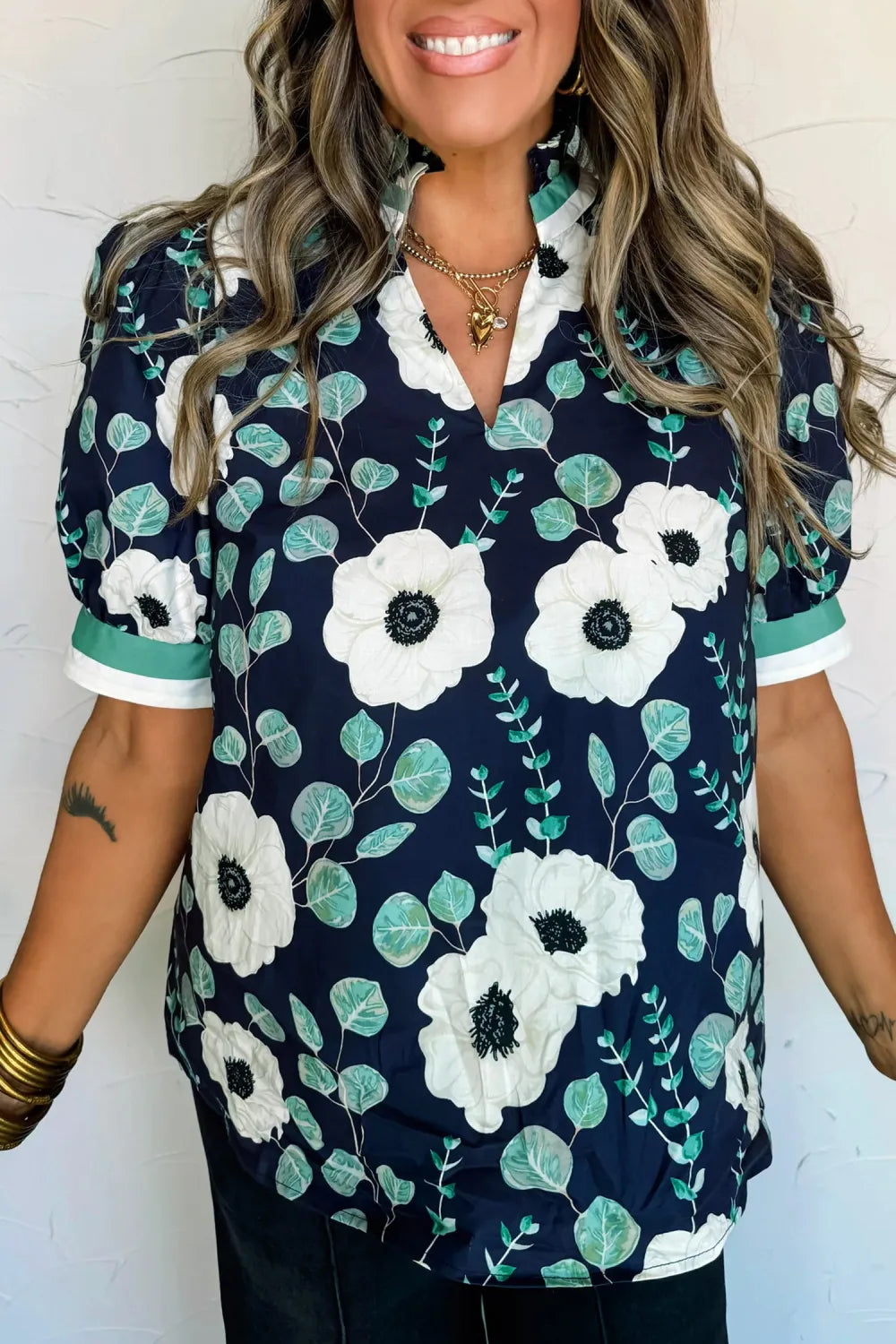 Blue Floral Patchwork V Neck S/S Blouse