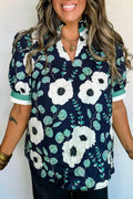 Blue Floral Patchwork V Neck S/S Blouse