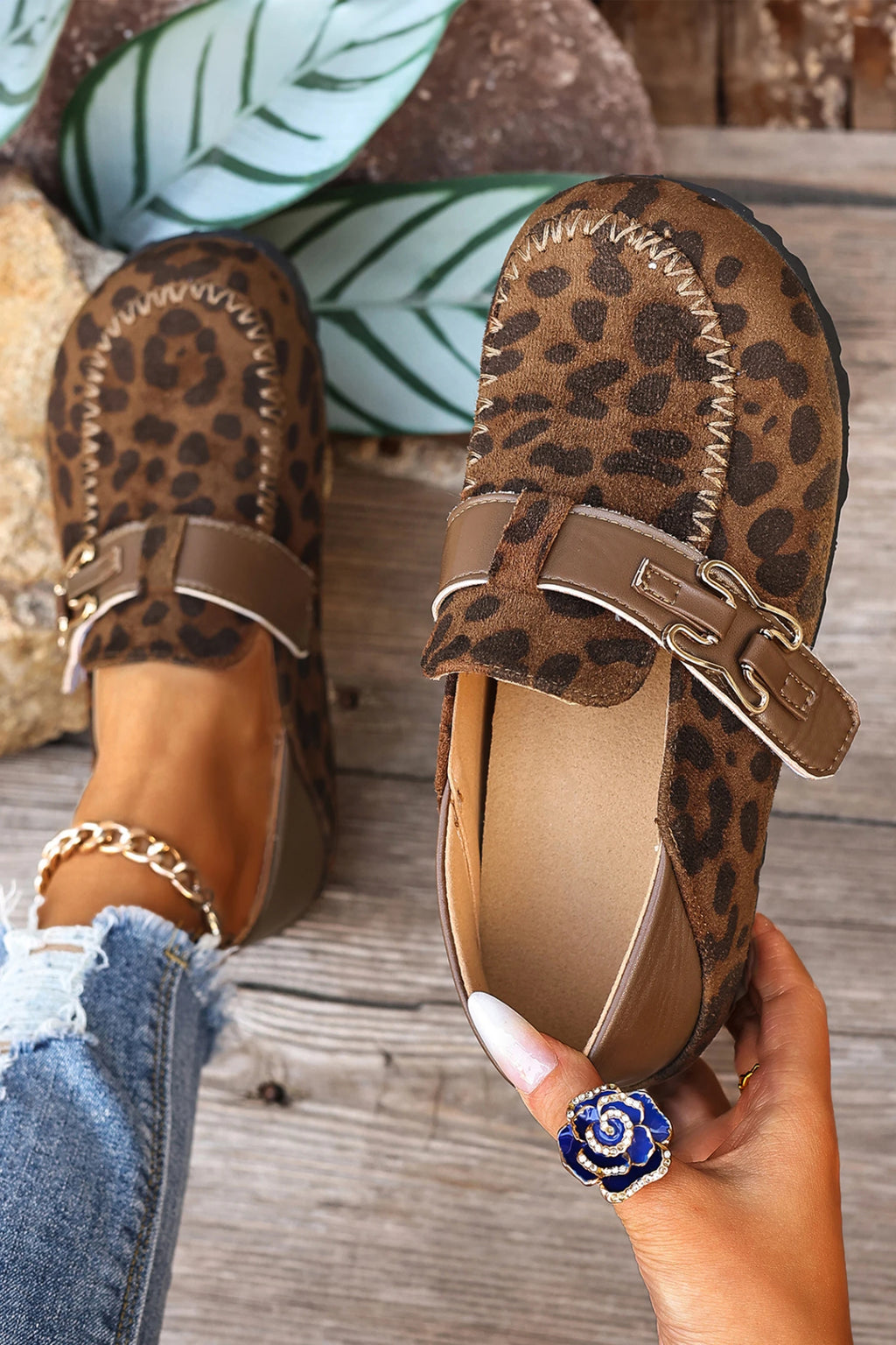 Patchwork Retro Buckle Slip-On - Leopard