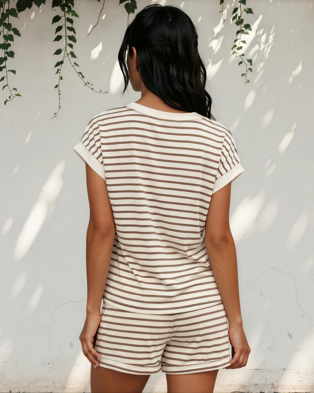 Brown Stripe Half Buttons Top & Short Set