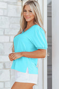 V Neck Short Puff Sleeve Blouse Turquoise