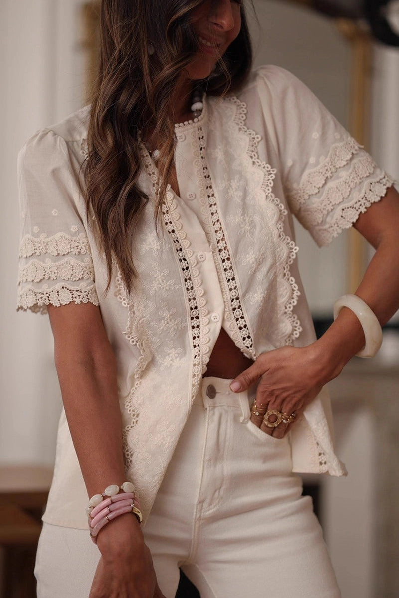 Floral Short Sleeve Button-Up Blouse Beige