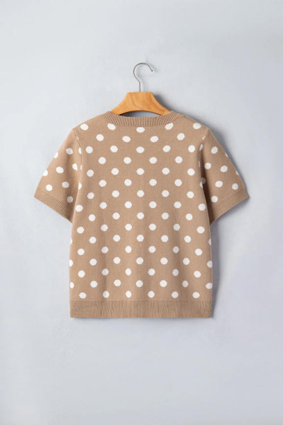 Khaki Polka Dot S/S Button Down Cardigan
