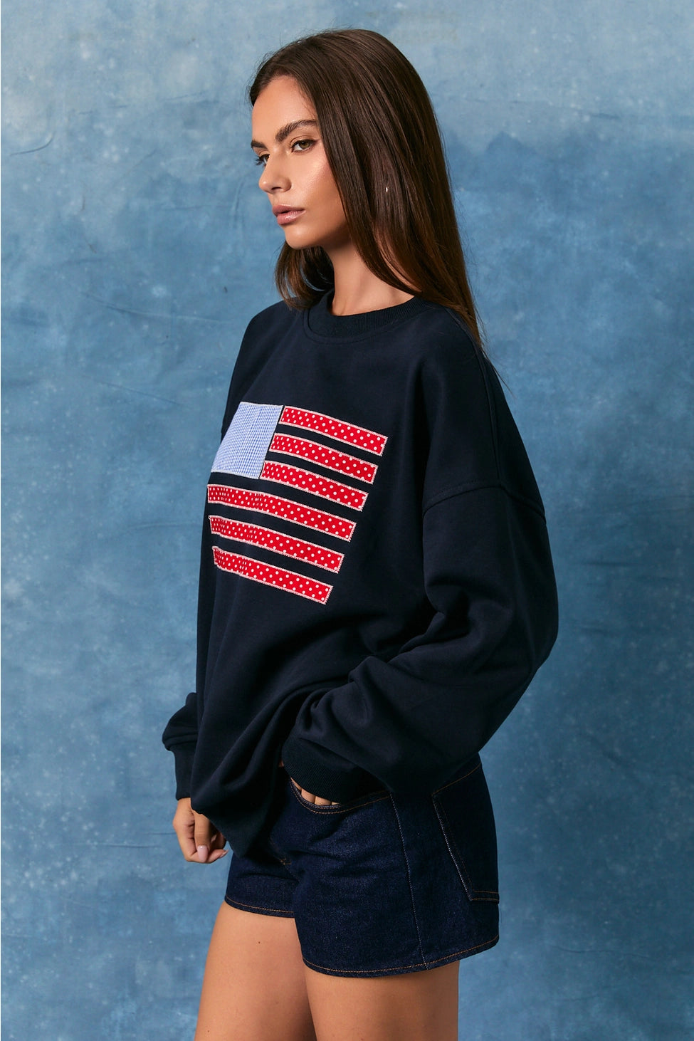 USA Flag Long Sleeve Crew Neck Oversized Sweatshirt
