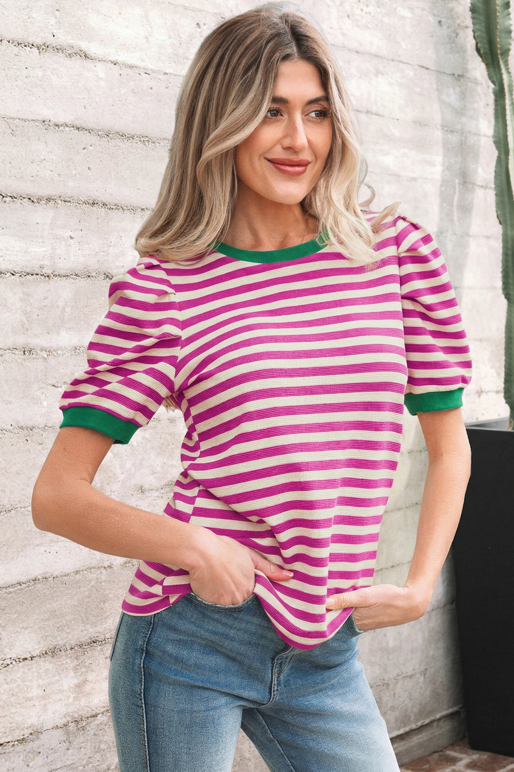 Rose Striped Short Sleeve Puff Sleeve Round Neck Tee
