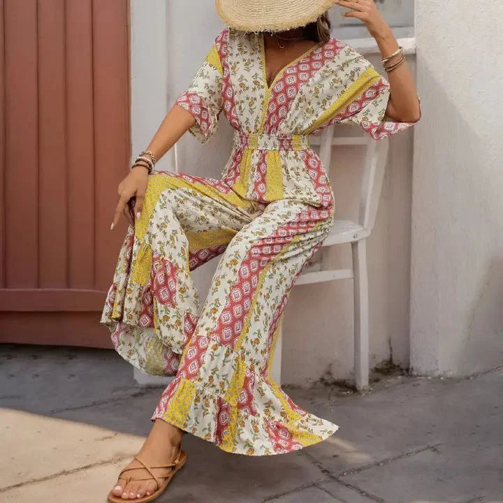 Bohemian Print Vintage Waist- Tie High-Waisted Jumpsuit