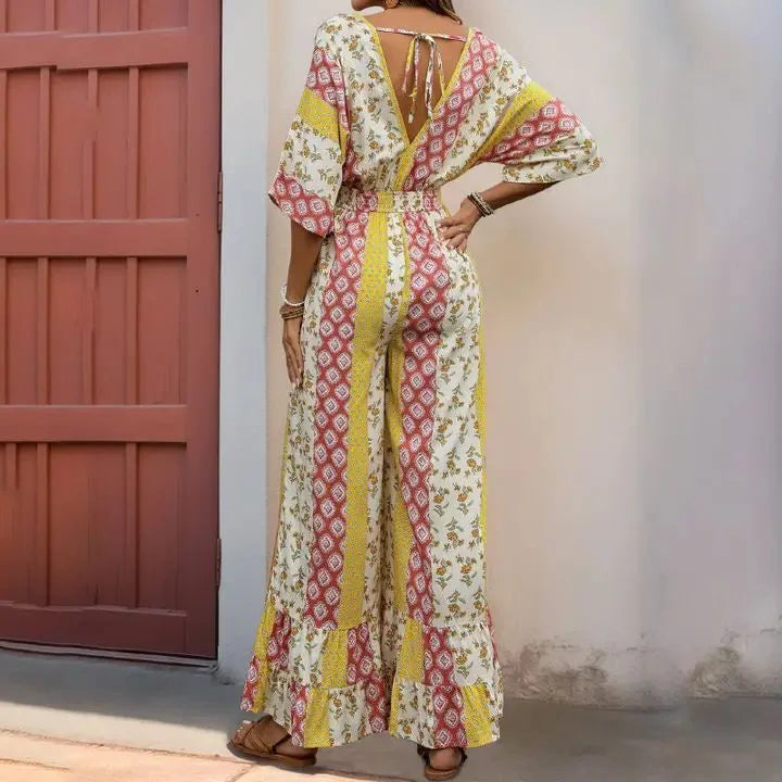 Bohemian Print Vintage Waist- Tie High-Waisted Jumpsuit