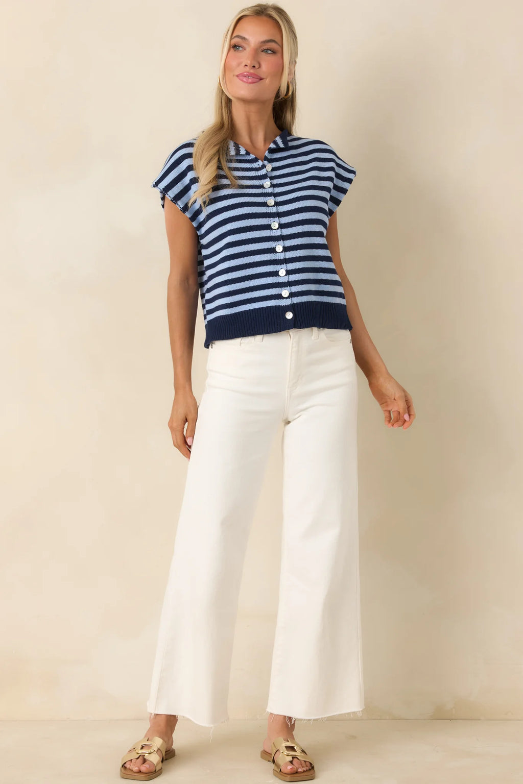 Blue Stripe Knit Button Down Blouse