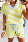 Yellow Striped V-Neck Short Set