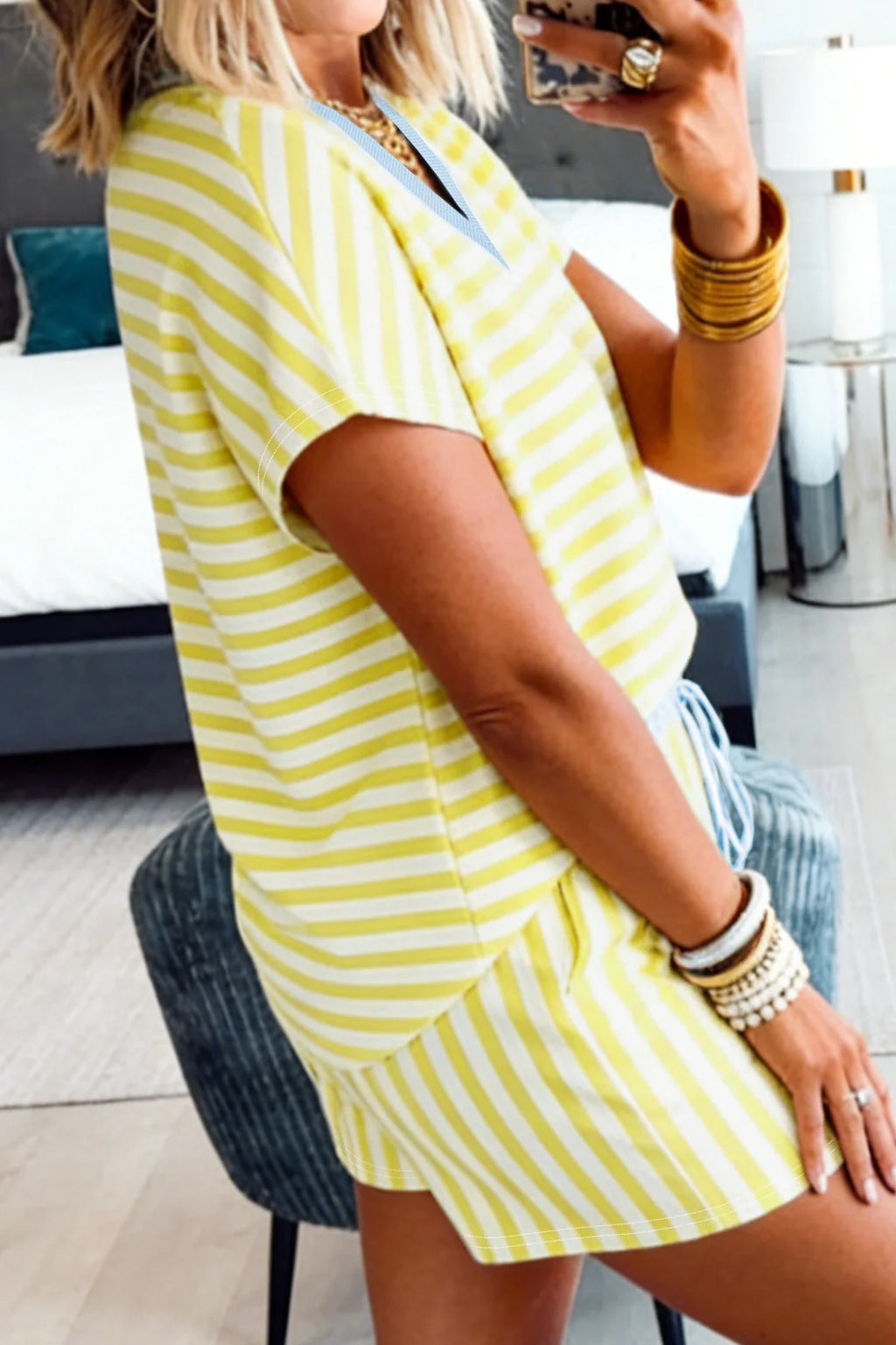 Yellow Striped V-Neck Short Set