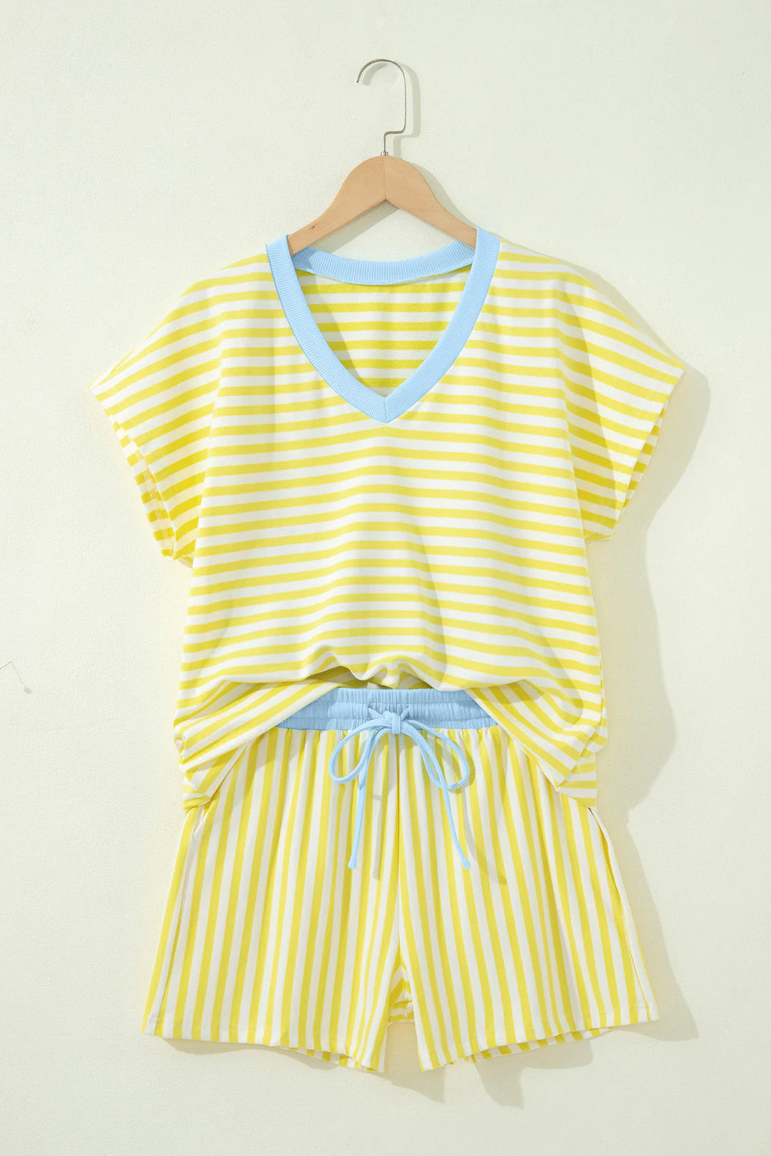 Yellow Striped V-Neck Short Set