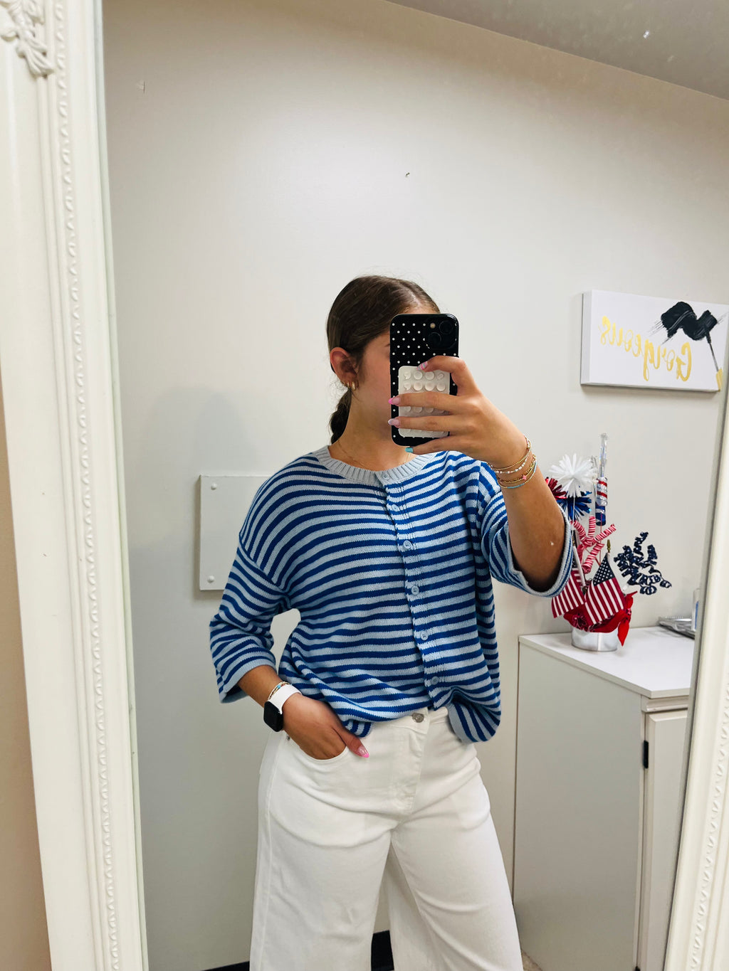 Blue Stripe Knit Button Down Blouse