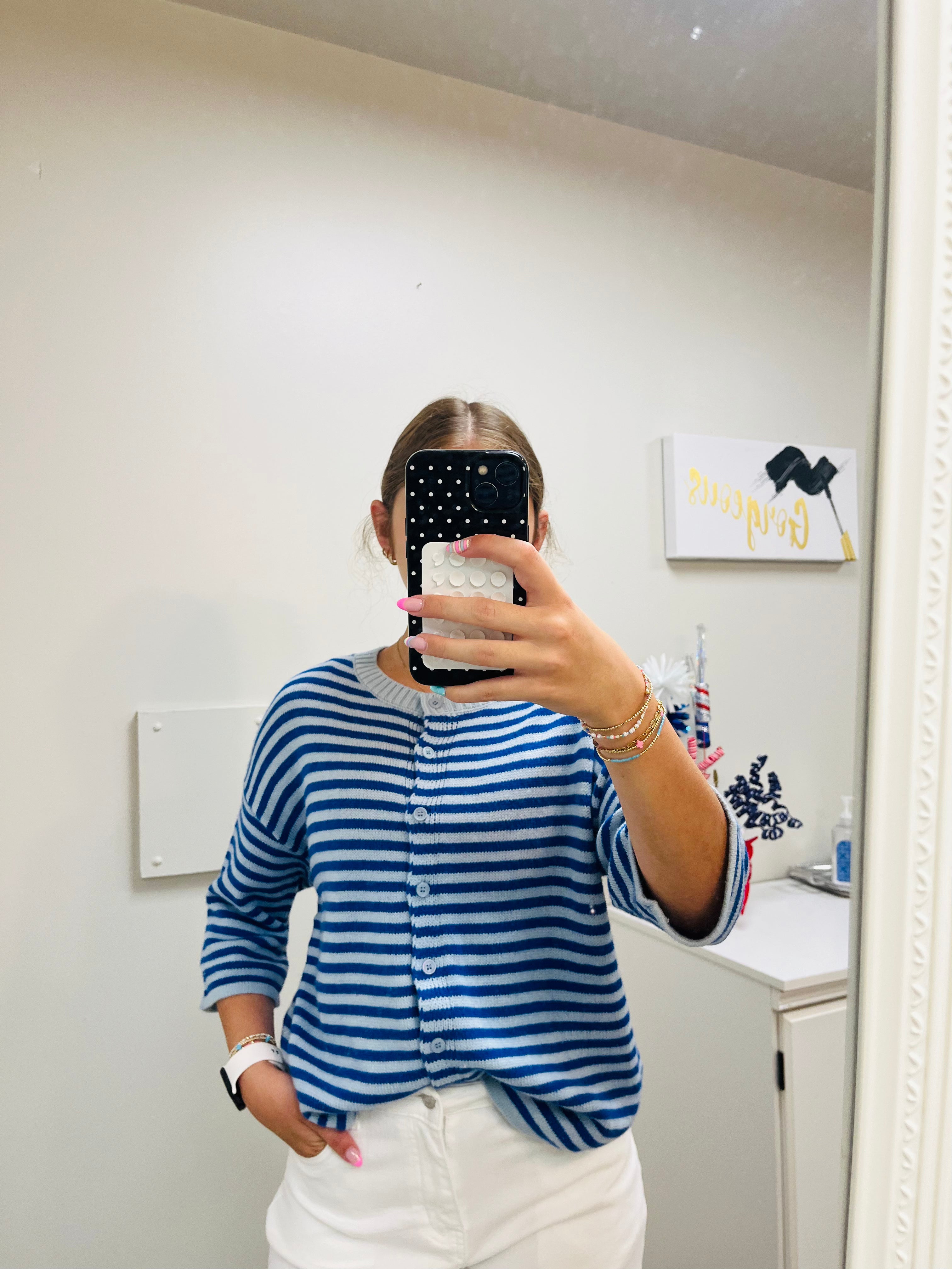 Blue Stripe Knit Button Down Blouse