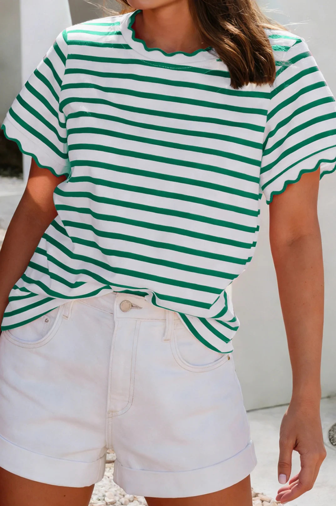 Striped Scalloped Trim Round Neck T-shirt Green