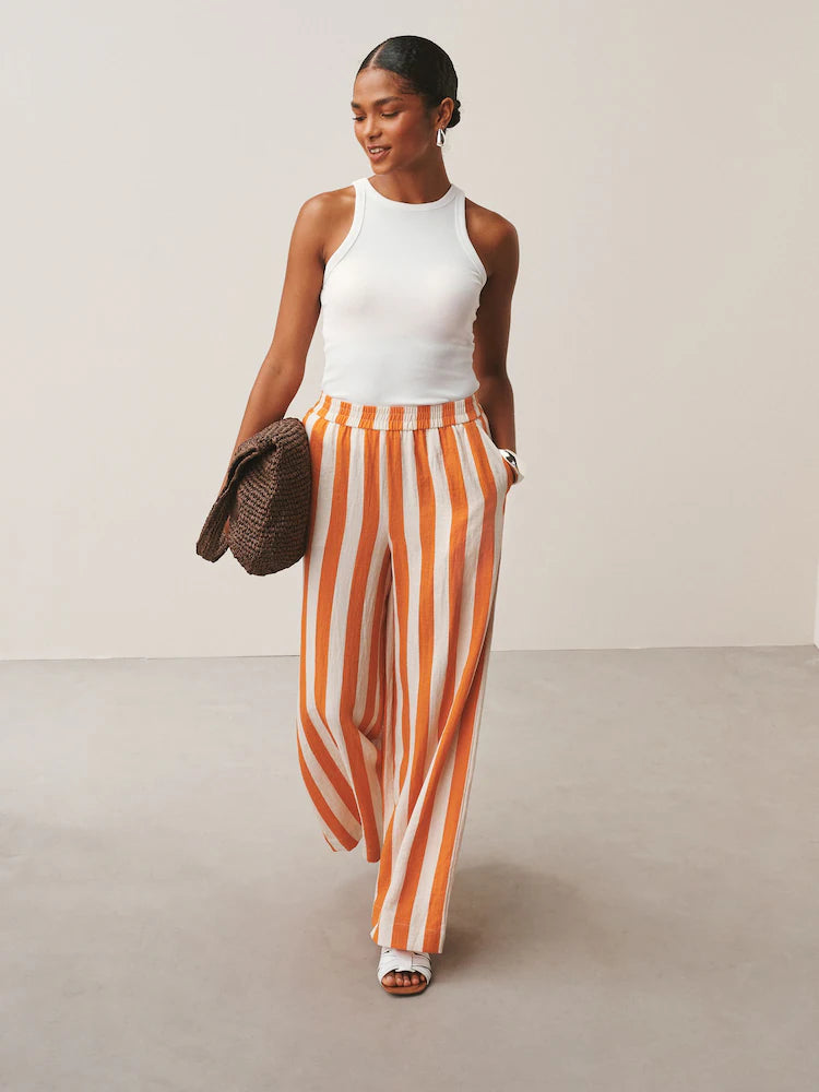 Striped Wide Leg Casual Pants - Orange