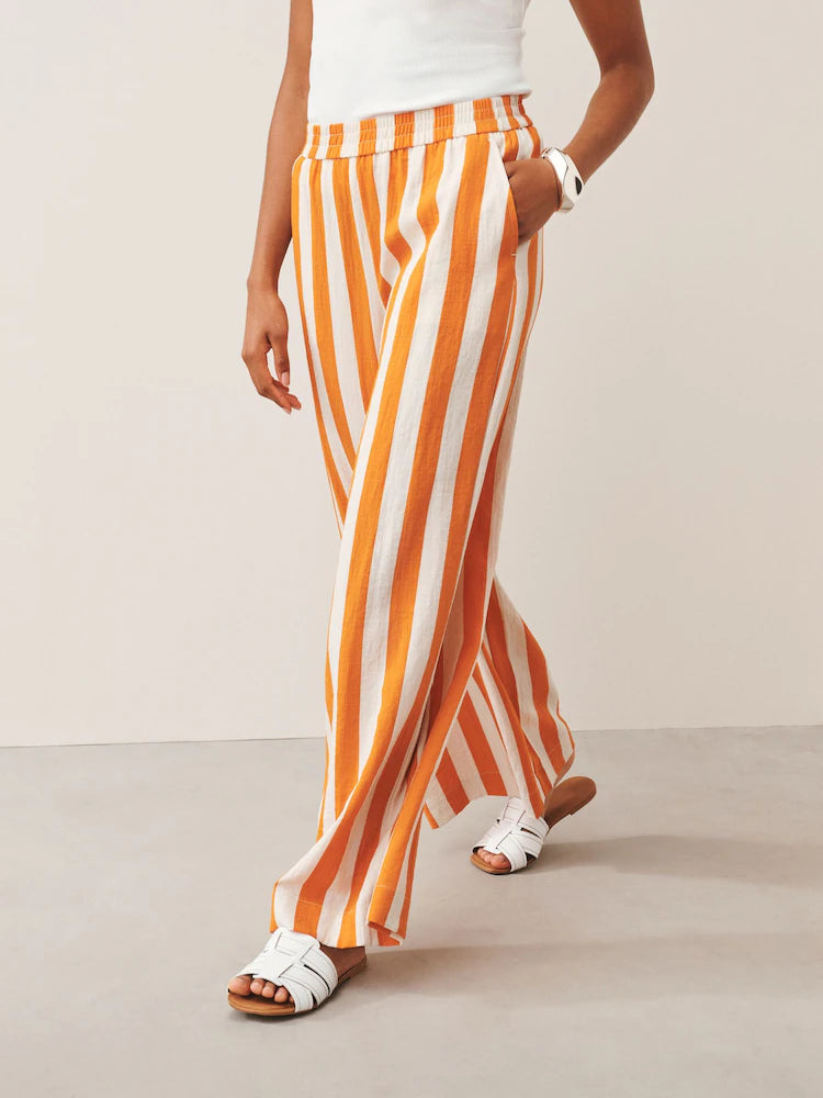 Striped Wide Leg Casual Pants - Orange