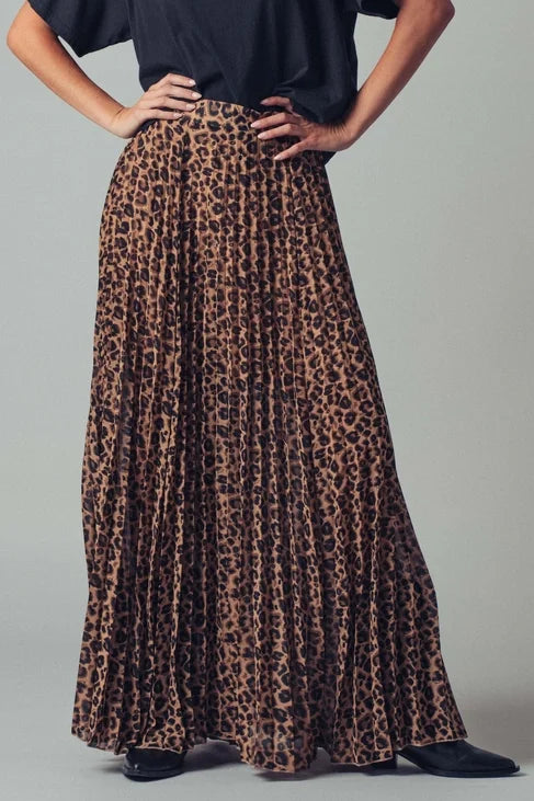 Leopard Print Pleated A-Line Midi Skirt