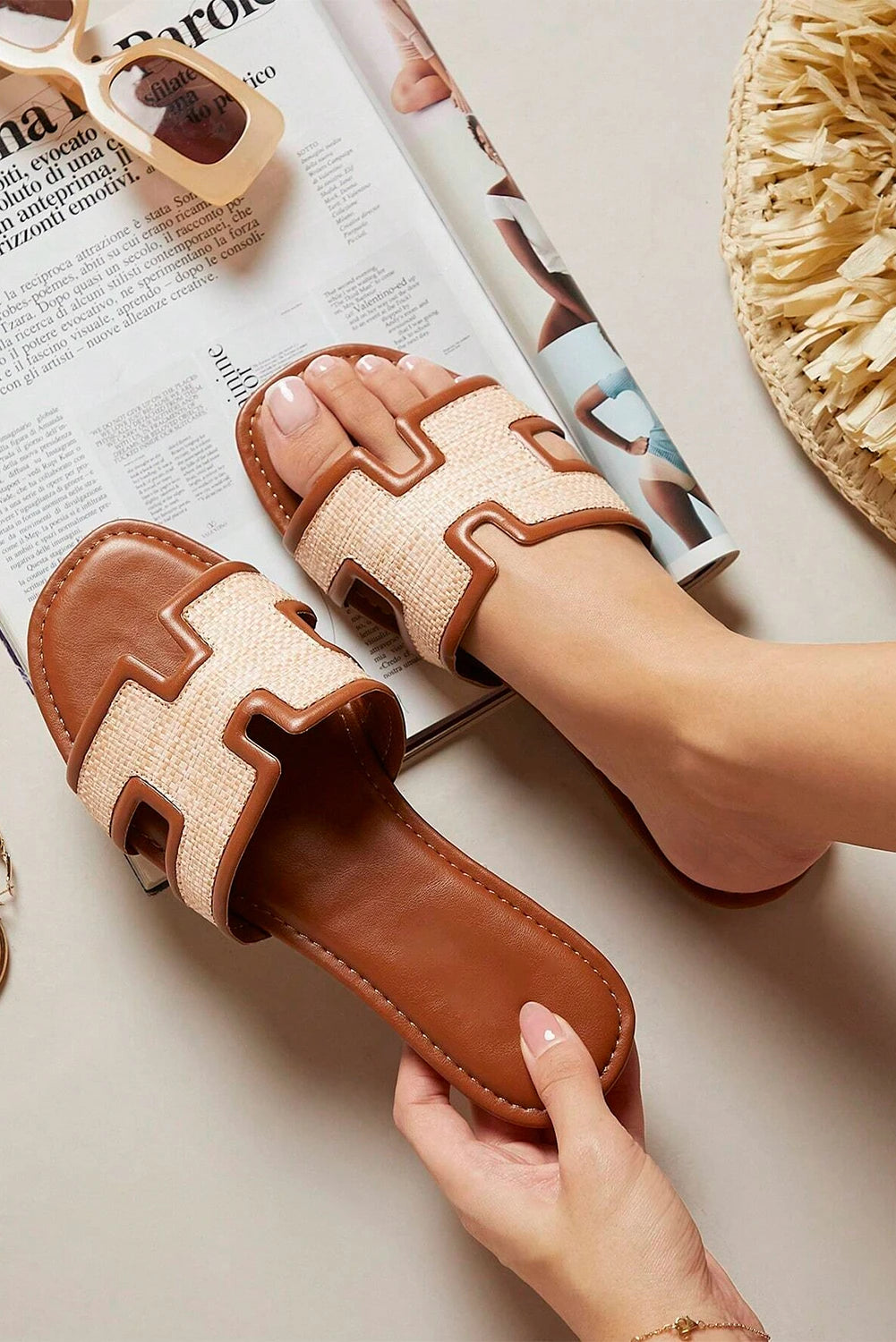 Raffia Detail Hollowed Open Toe Slippers