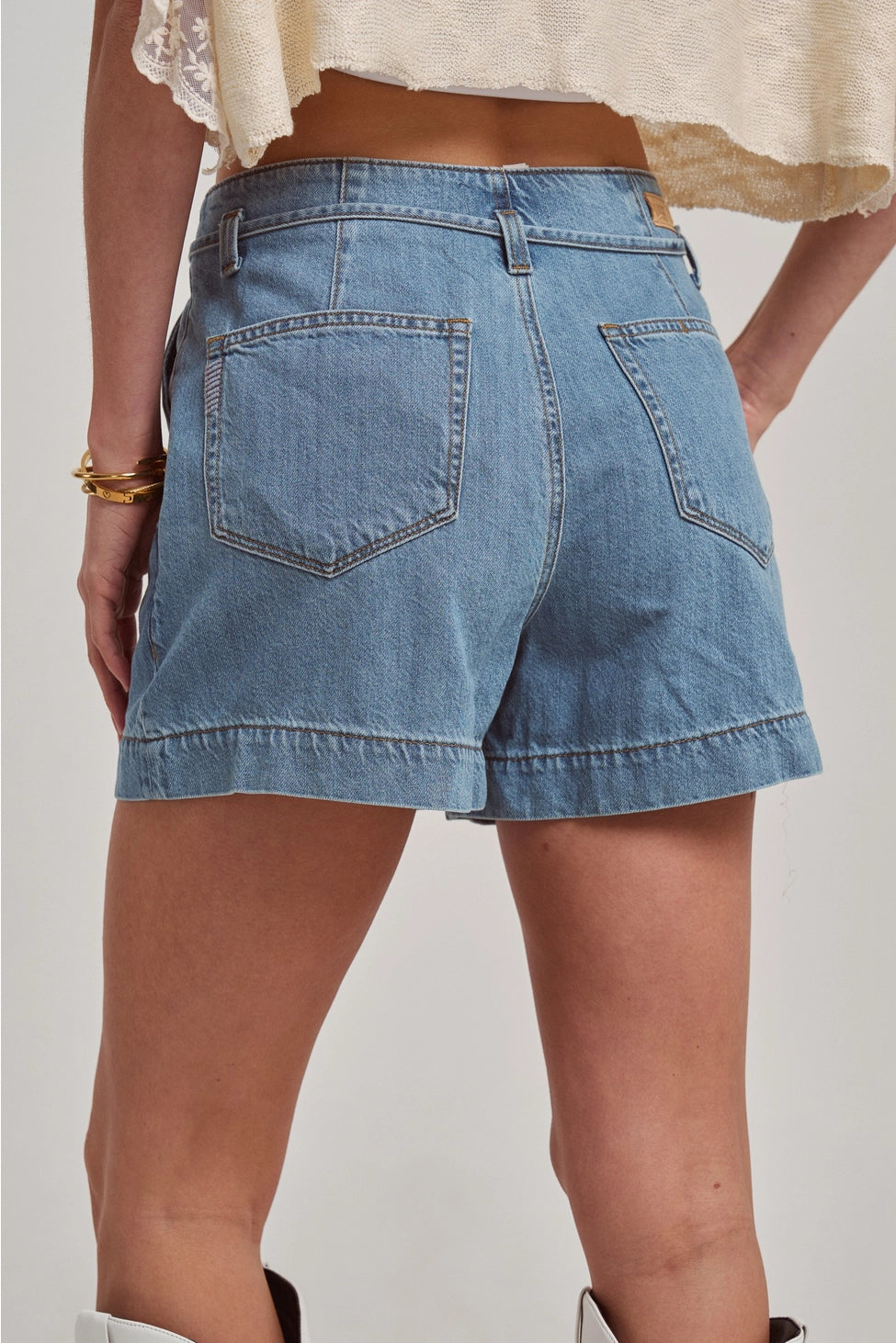 High Rise Denim Shorts with Strap Tie at the Waistband