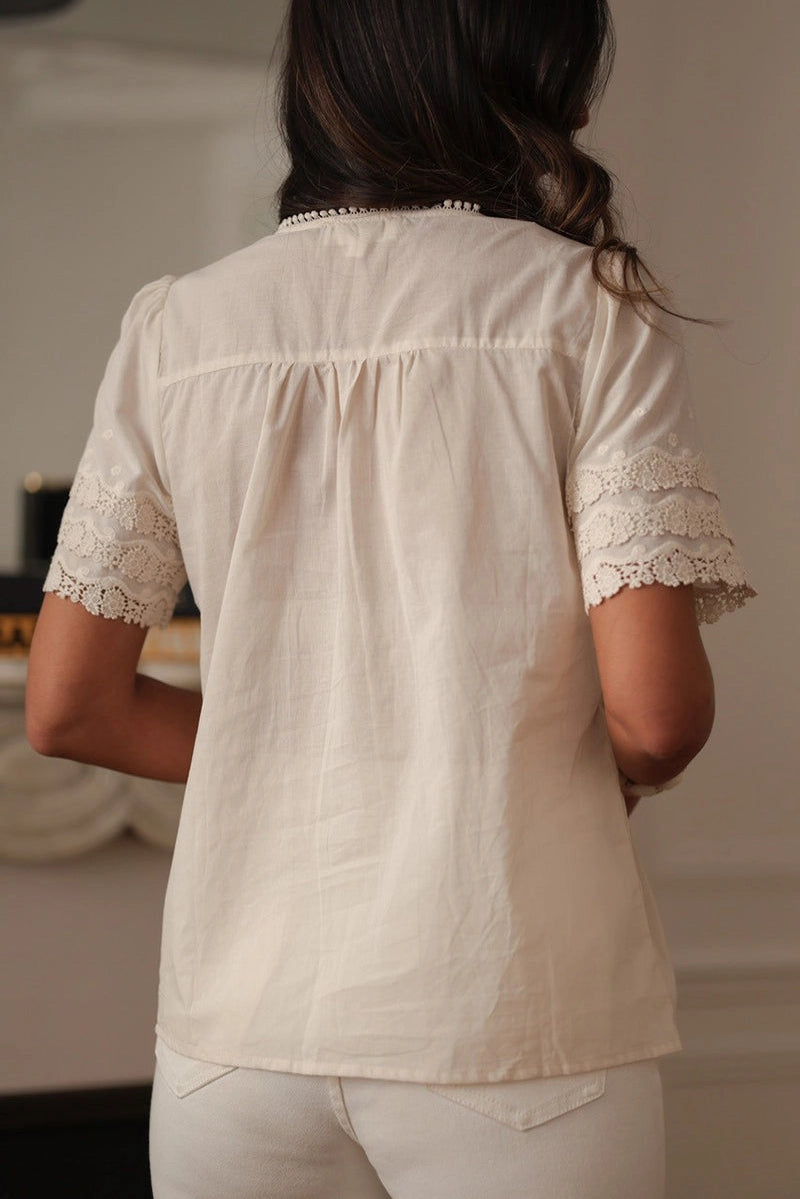 Floral Short Sleeve Button-Up Blouse Beige