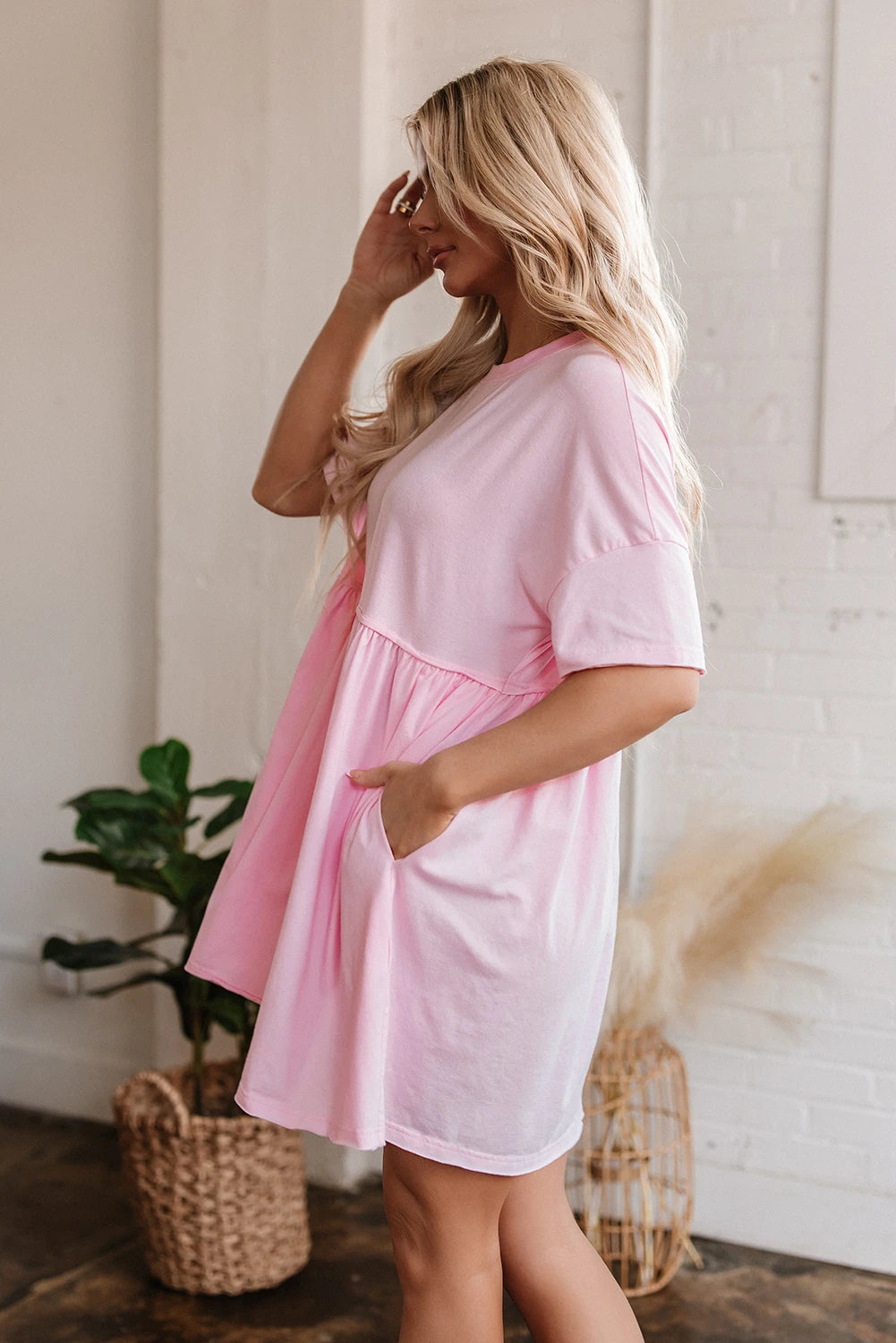 Pocketed Raw Edge Babydoll Dress