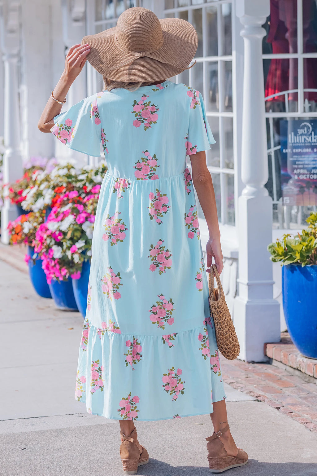 Notched Neck Flutter S/S Floral Maxi - Sky Blue
