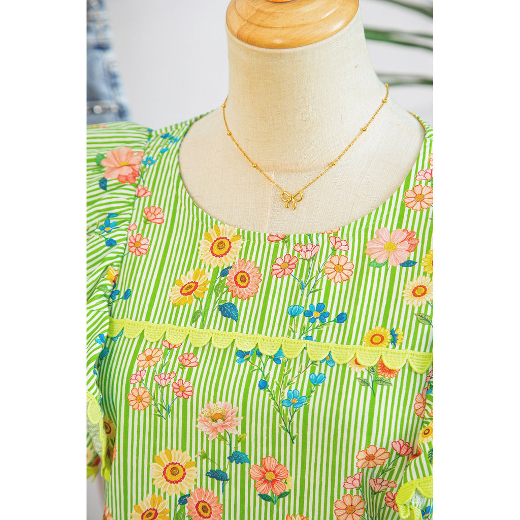 Green Floral Print Scalloped Ruffle S/S