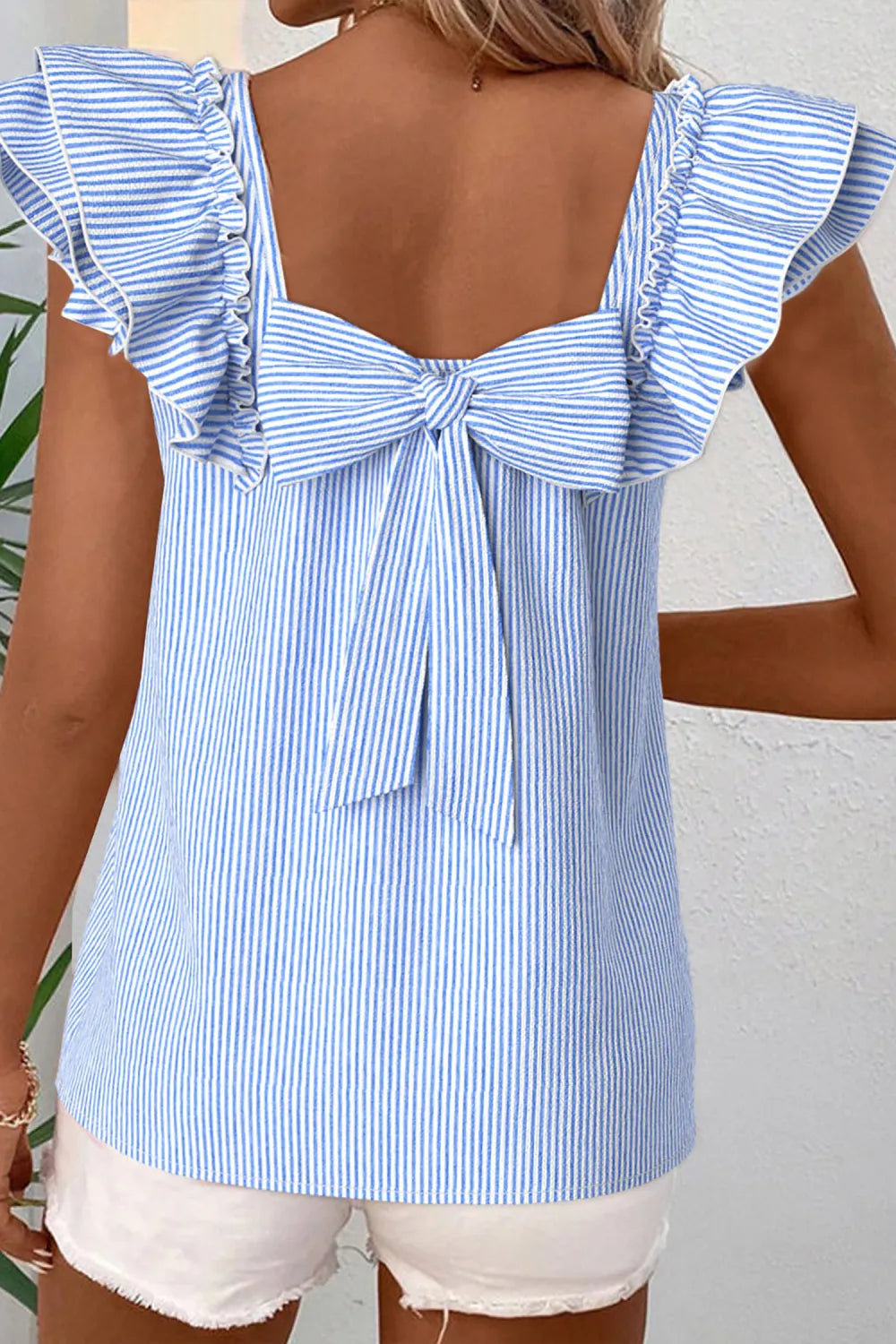 Square Neck Bow Ruffle S/S Blouse Sky Blue