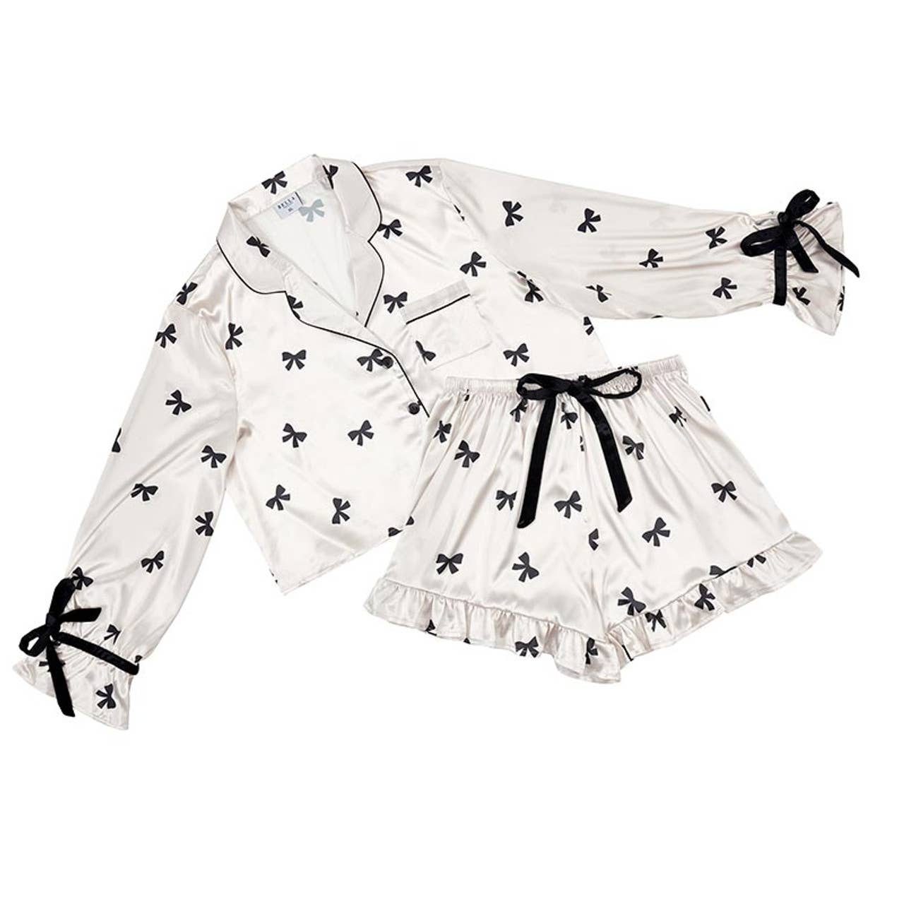 Velvet 2pc PJ Set - Ivory/Black Bows
