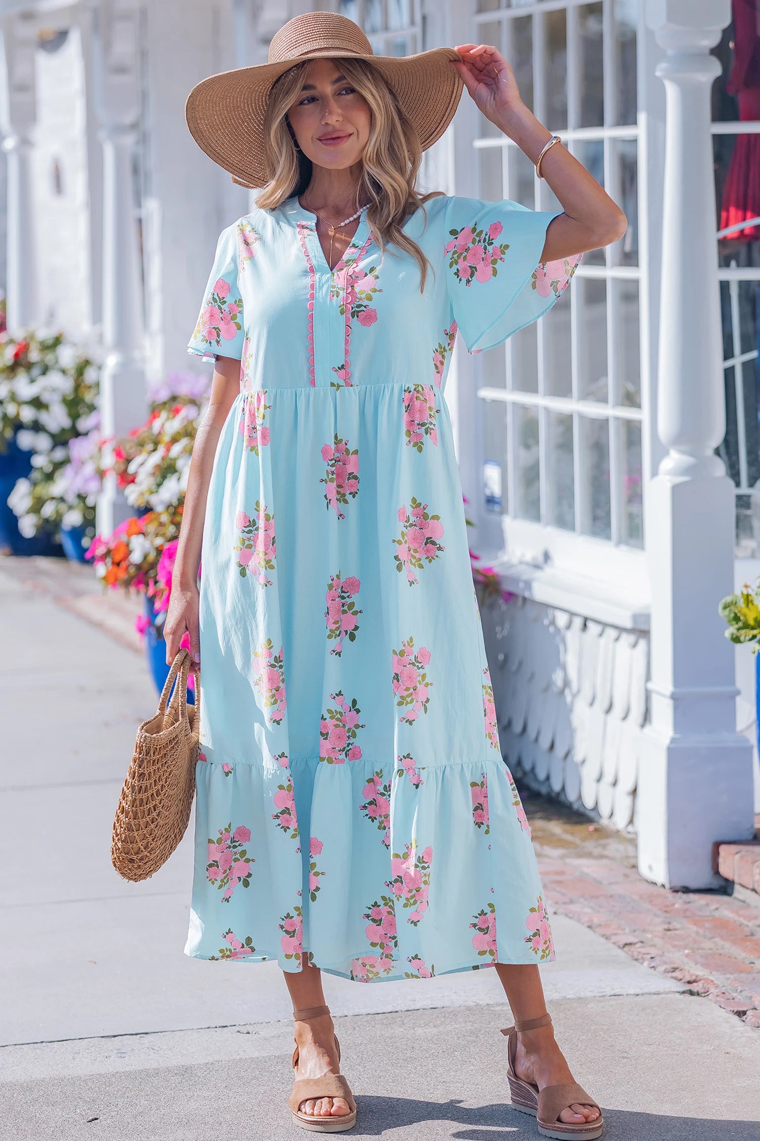 Notched Neck Flutter S/S Floral Maxi - Sky Blue