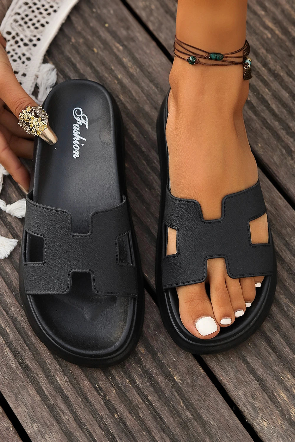 Cutout Design Open Toe Platform - Black