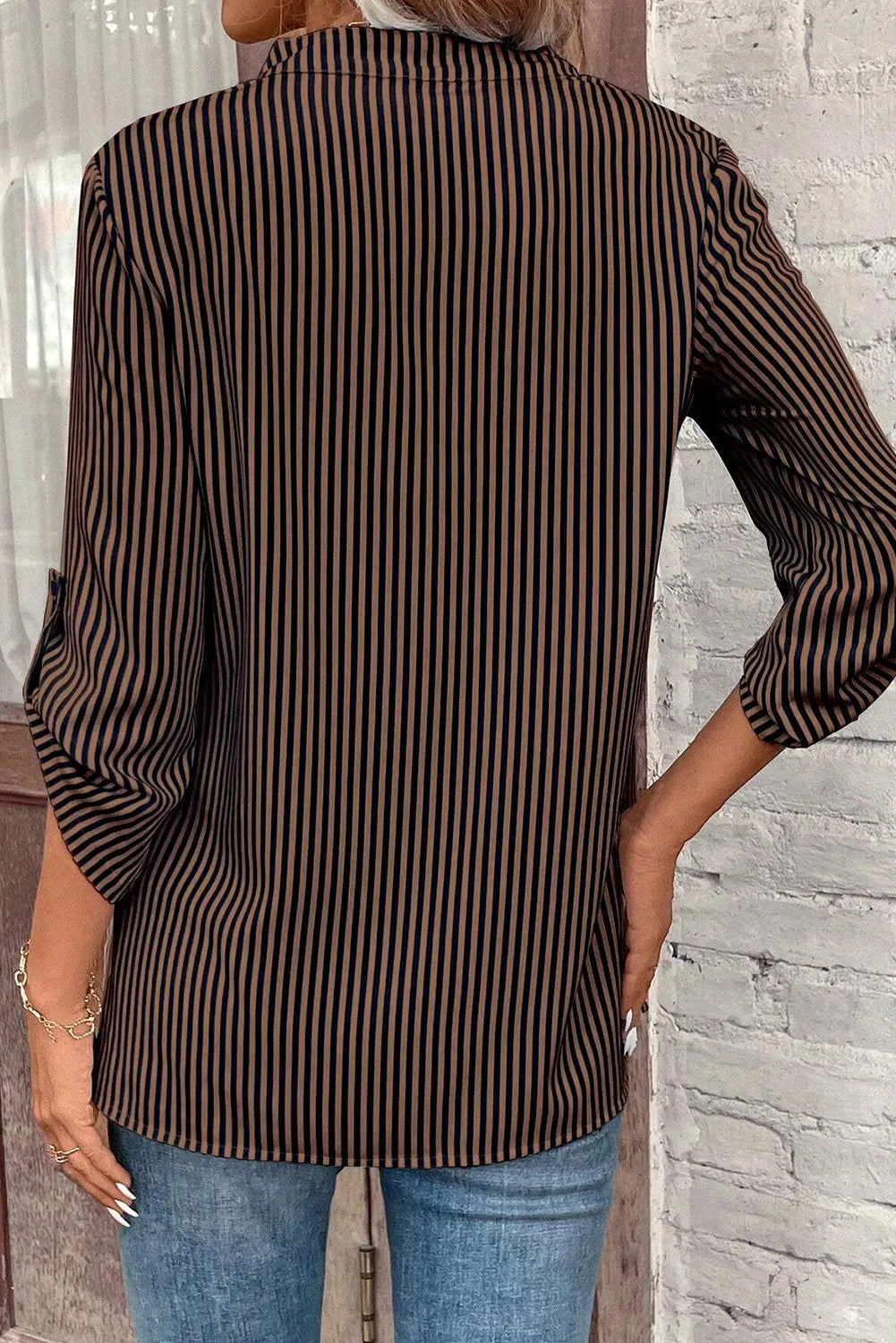 Brown Stripe V Neck Roll Up Sleeve Pocket Shirt