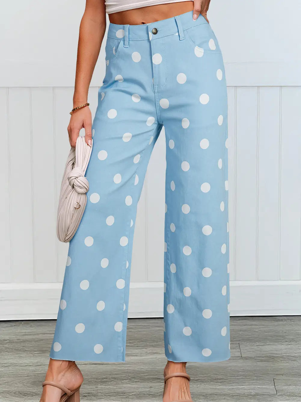 Polka Dot Frayed Edge High Waist Jeans