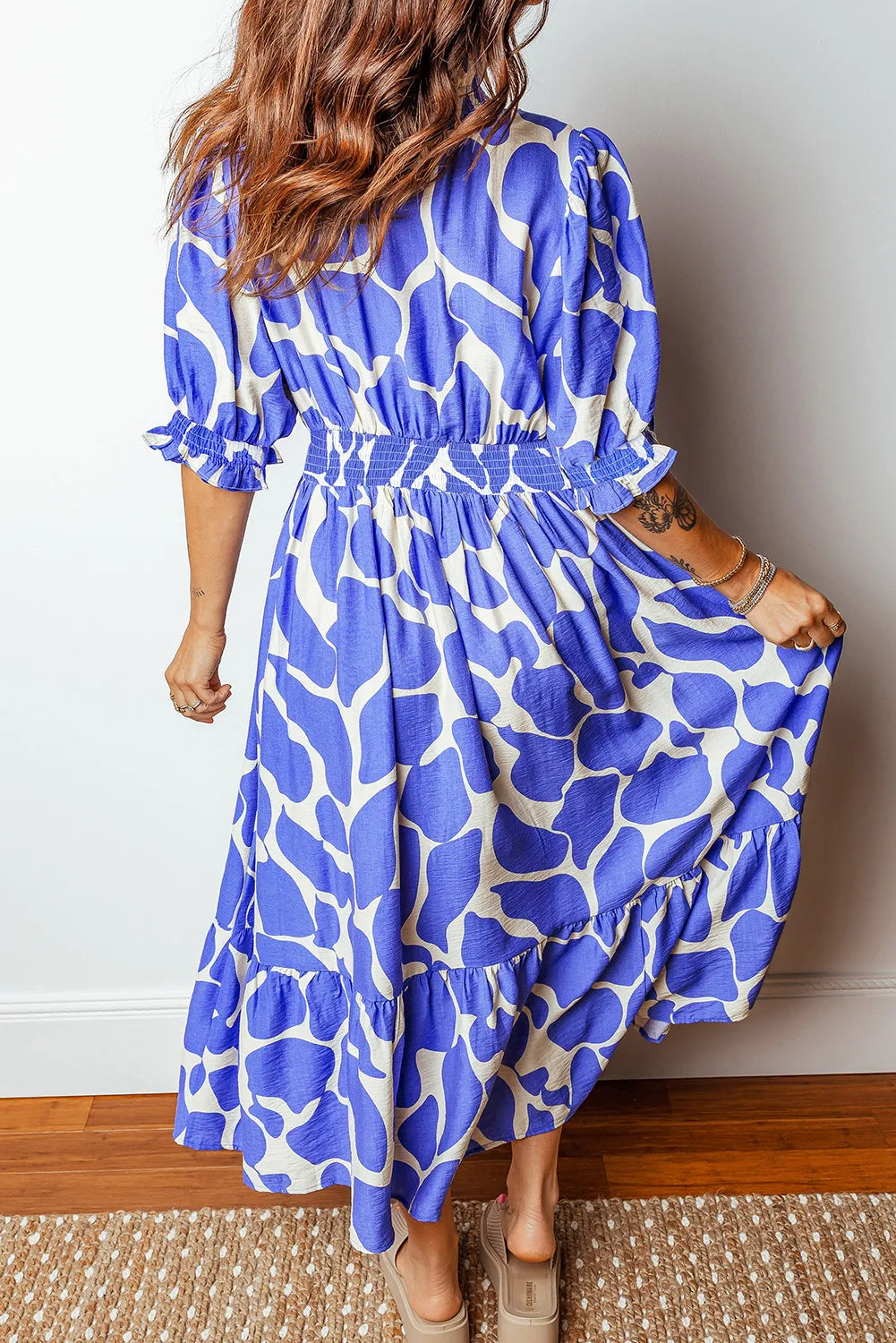 Sky Blue Smocked Waist Puff Half Sleeve Maxi