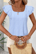 Square Neck Bow Ruffle S/S Blouse Sky Blue