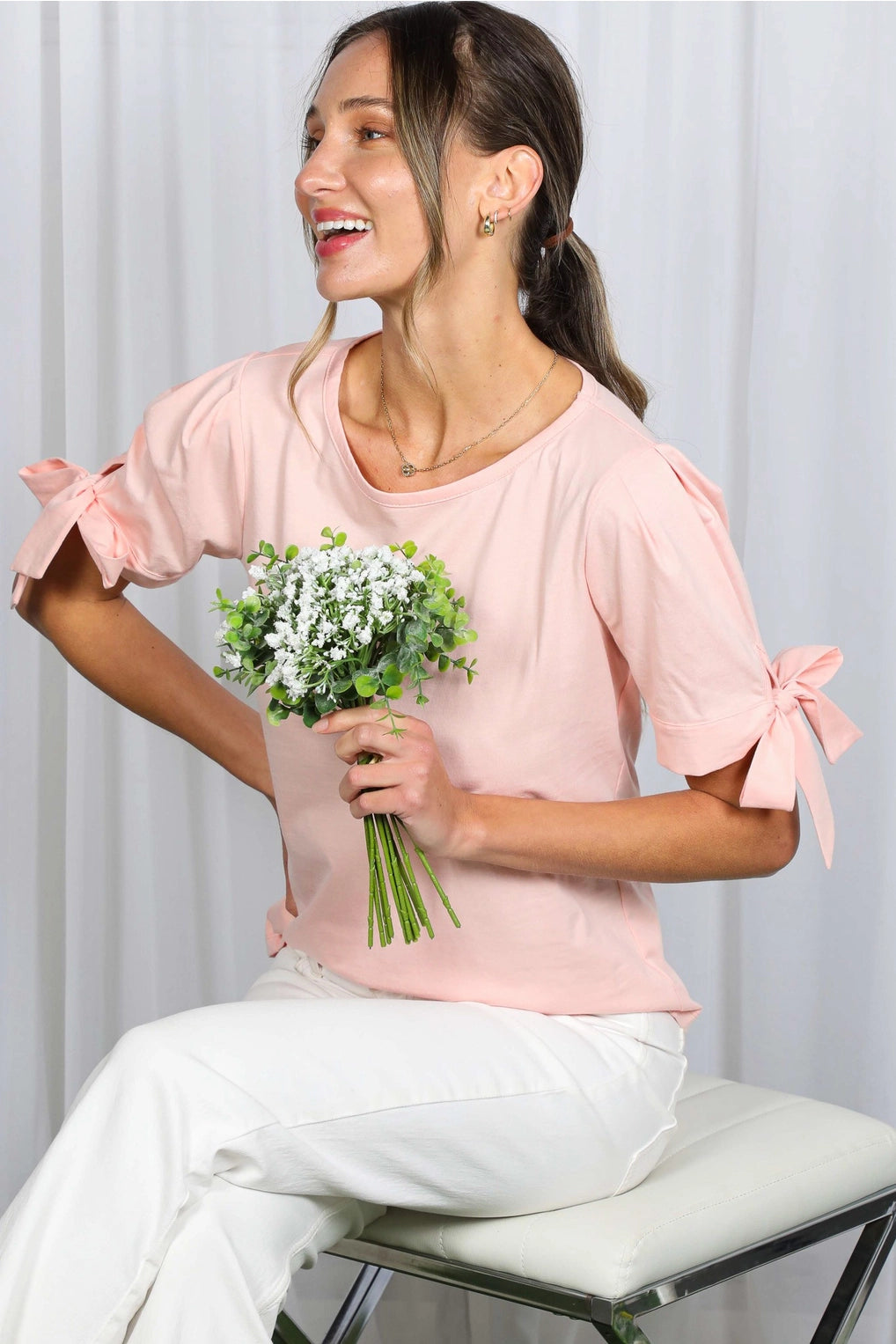 Round Neck Bow Tie Sleeve Knit Pink Top