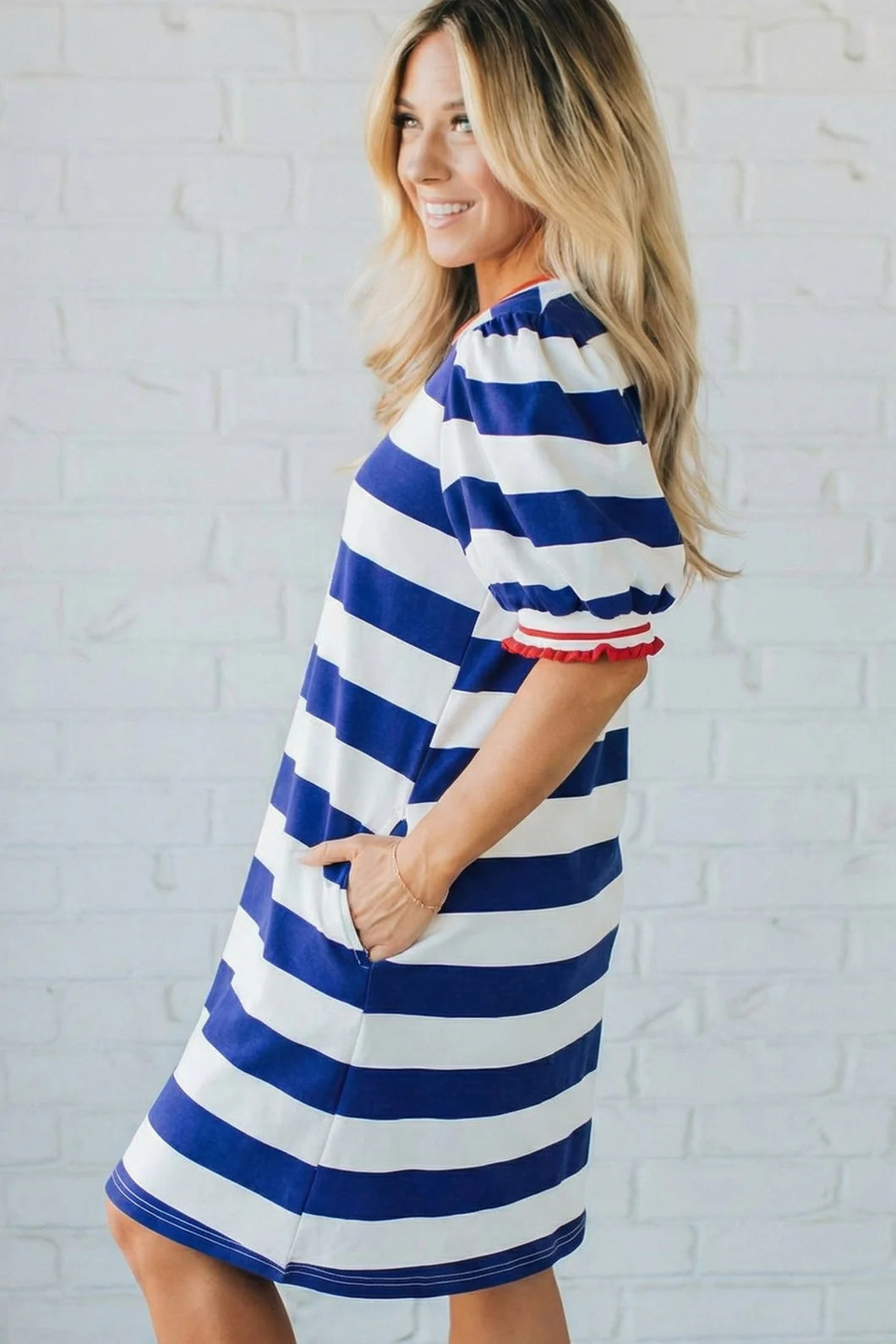 Round Neck Short Puff Sleeve Mini - Blue
