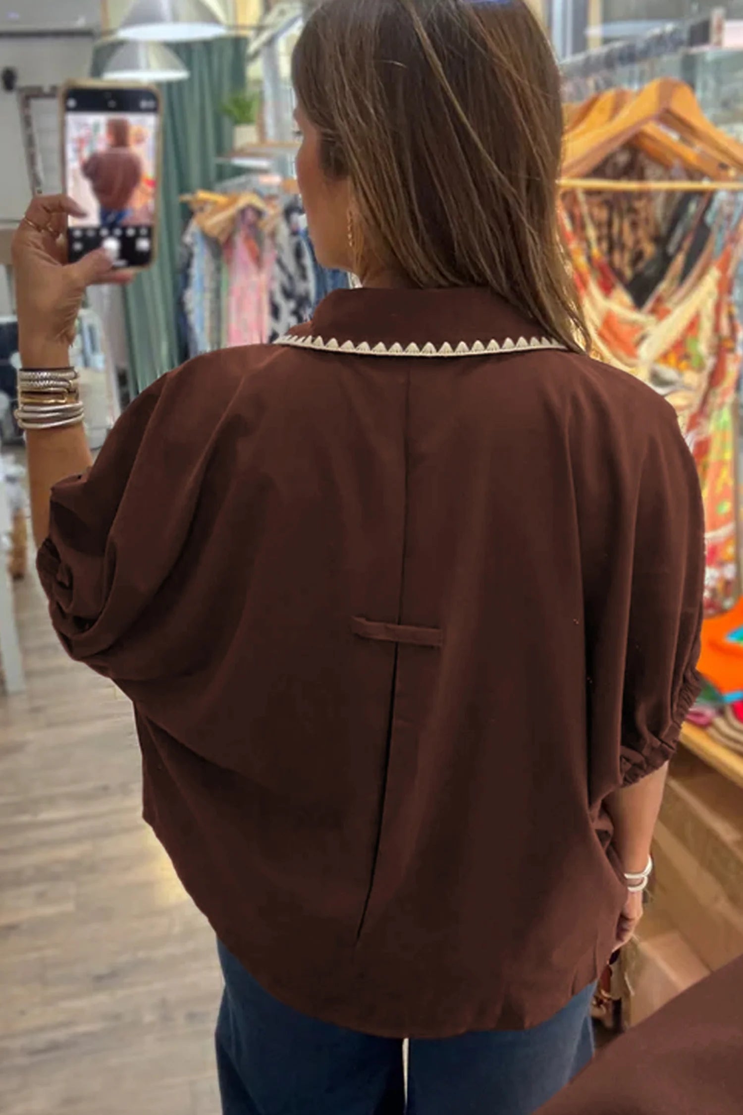 Coffee Shirt Collar Button V Neck S/S Blouse