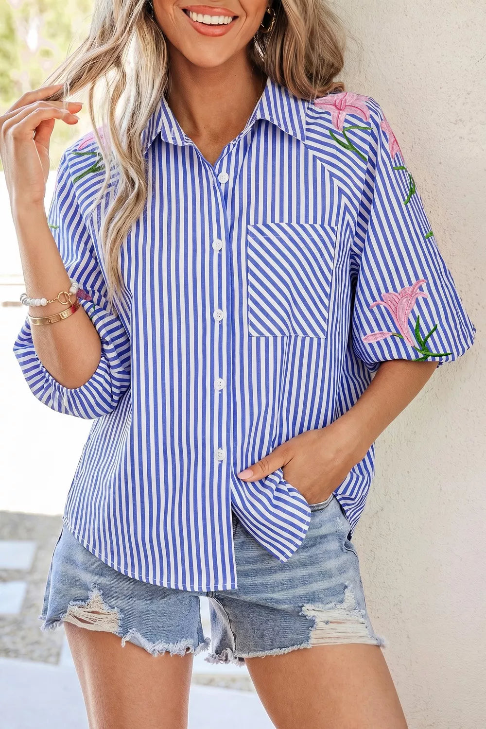 Blue Embroidered Puff Sleeve Shirt