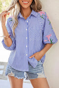 Blue Embroidered Puff Sleeve Shirt