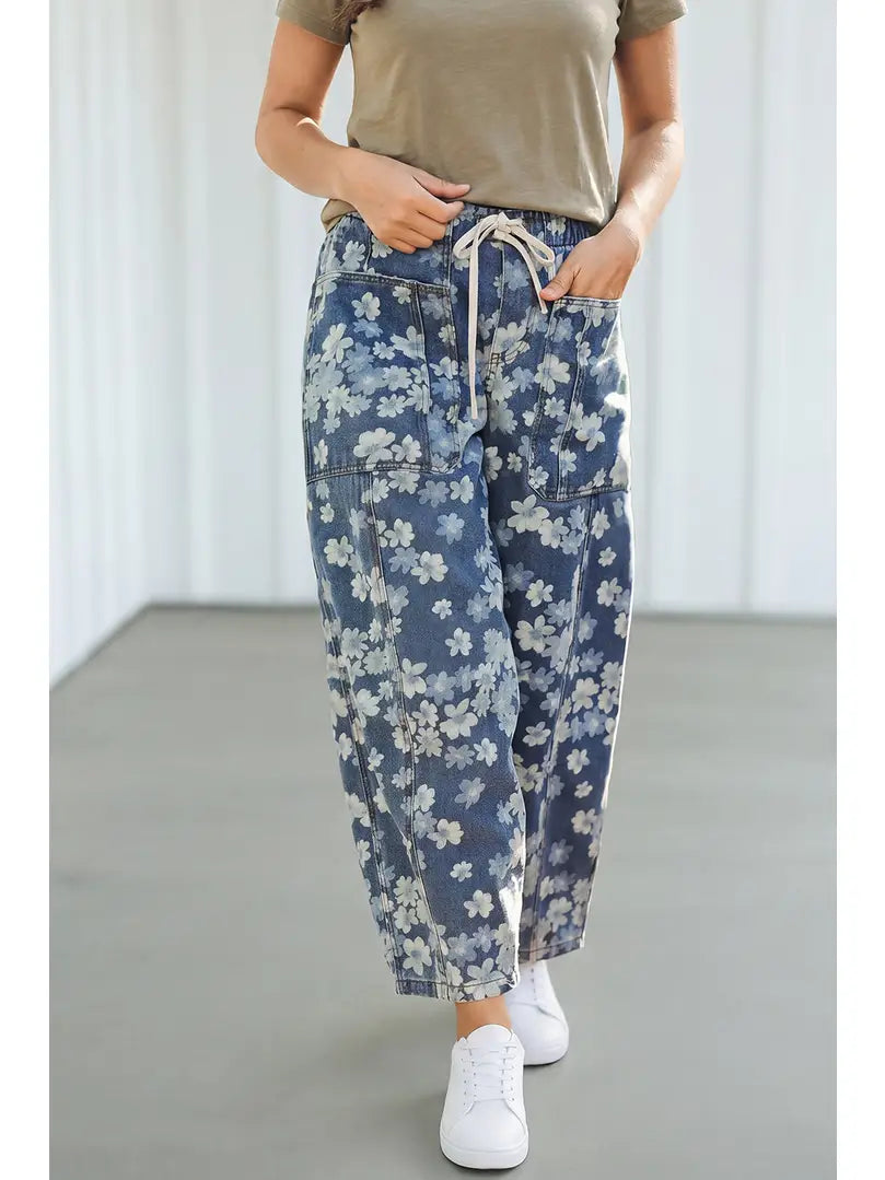 Dainty Floral Print Drawstring Barrel Jeans