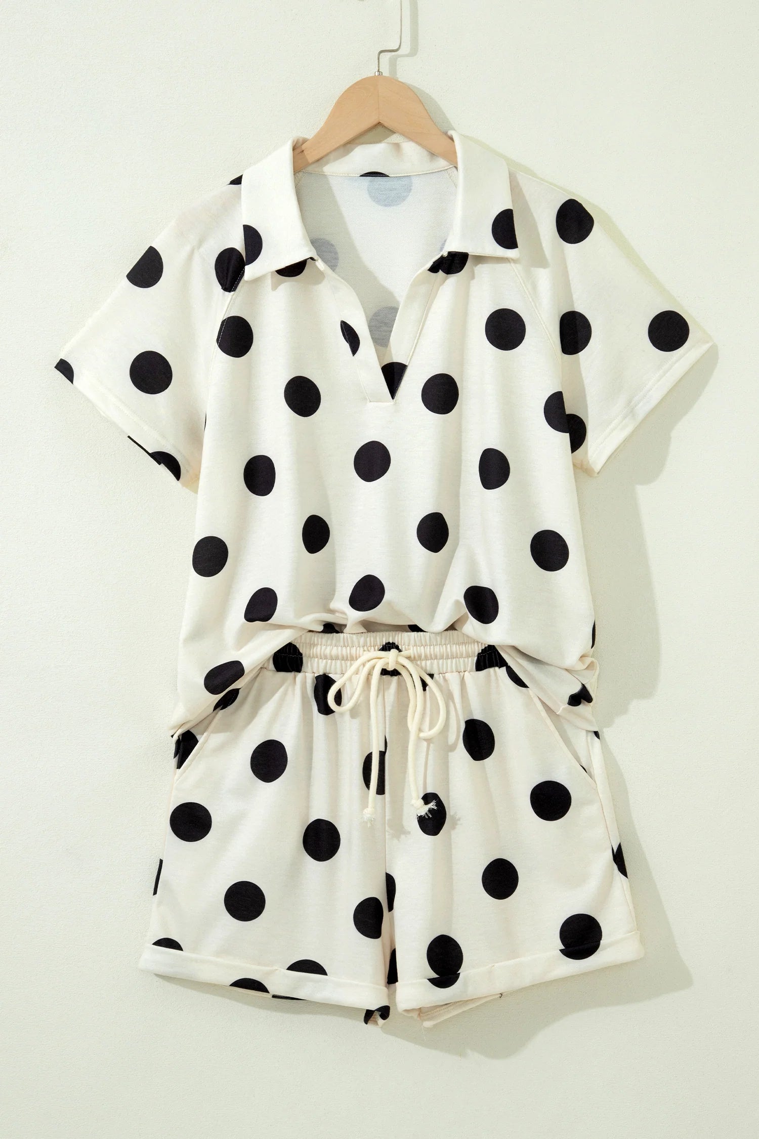 Polka Dot Print V-Neck Tee Short Set - Beige