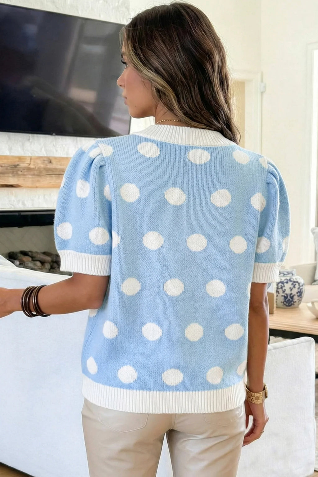 Light Blue Polka Dot Puff S/S Sweater Top
