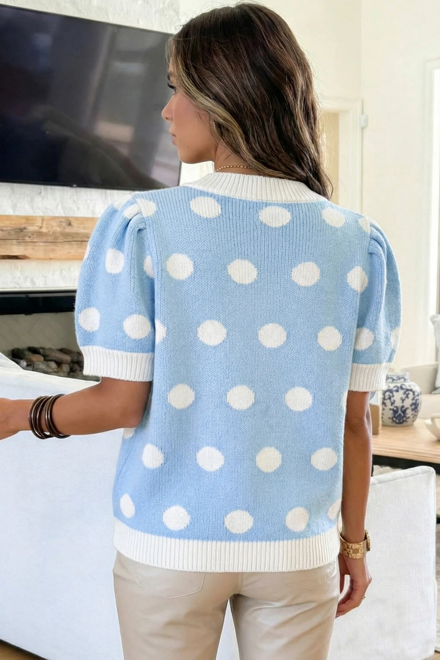 Light Blue Polka Dot Puff S/S Sweater Top